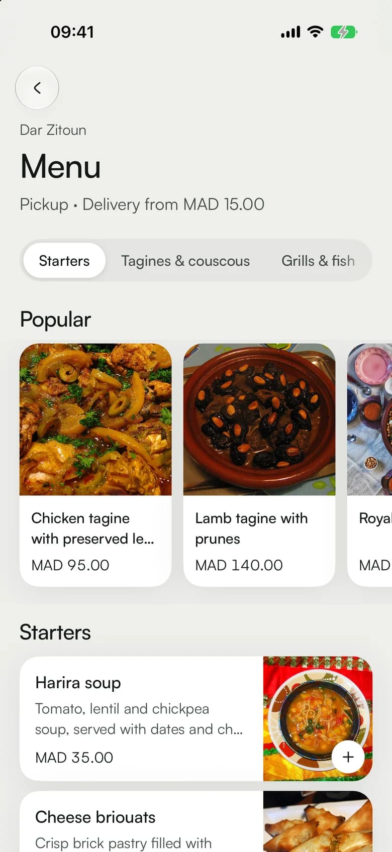 The Dar Zitoun menu in the app, ready to order