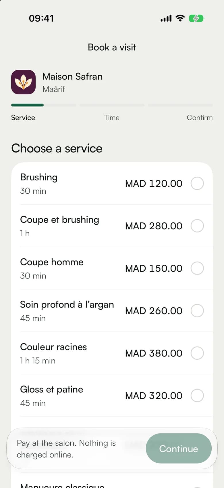 Booking a service at Maison Safran