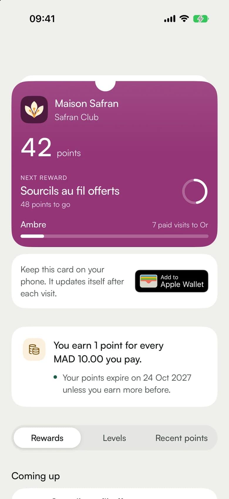A Maison Safran loyalty card in the app, with its next reward