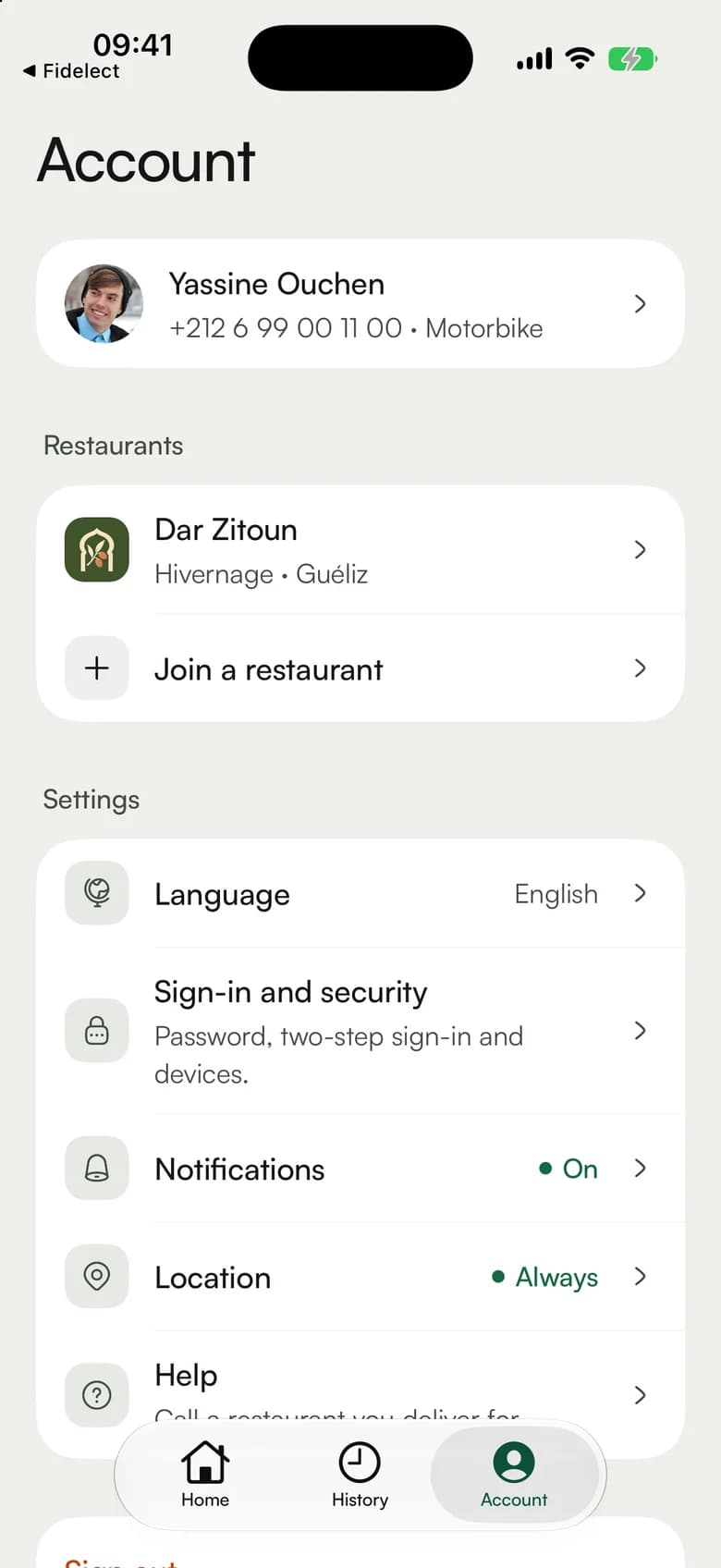 The driver's account with the restaurants they deliver for