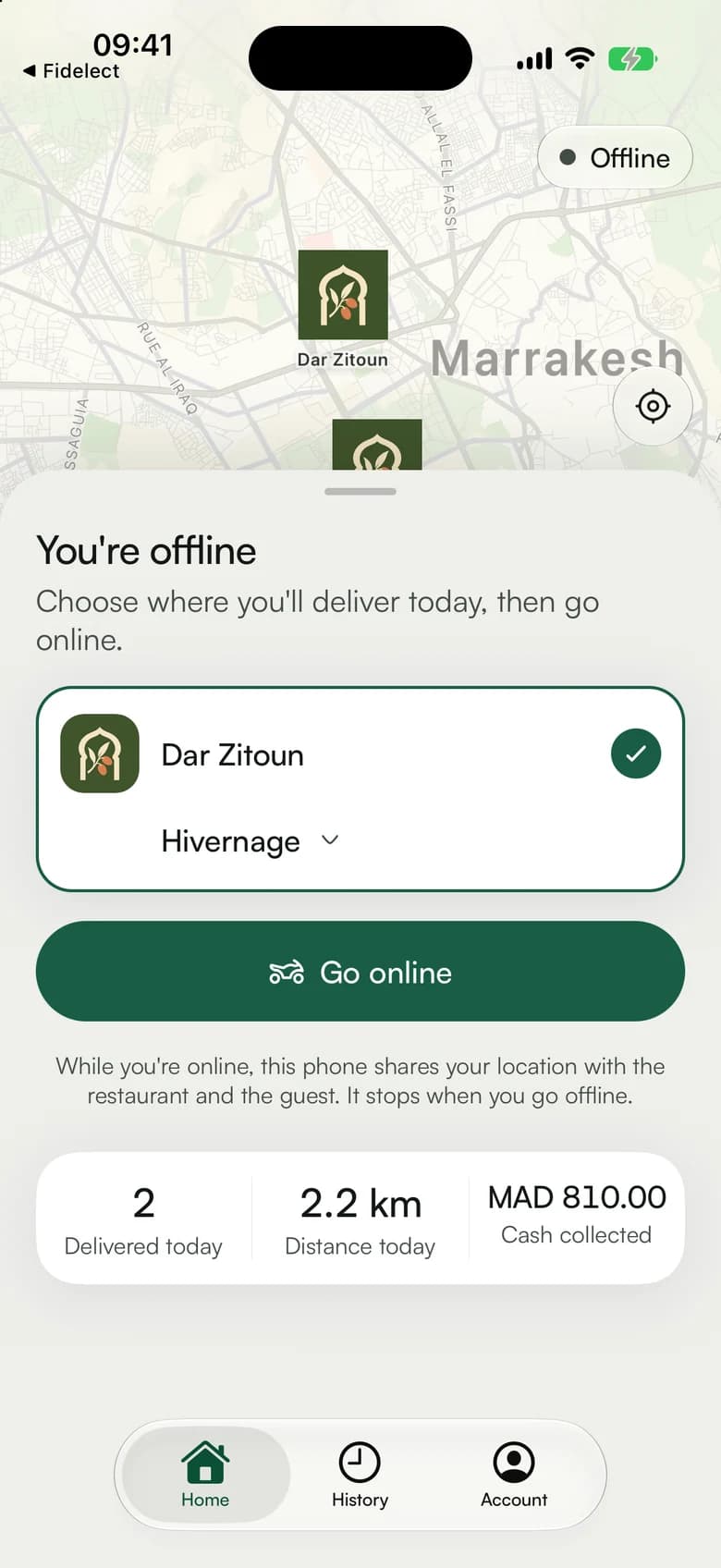 Going online for Dar Zitoun, with today's deliveries, distance and cash collected