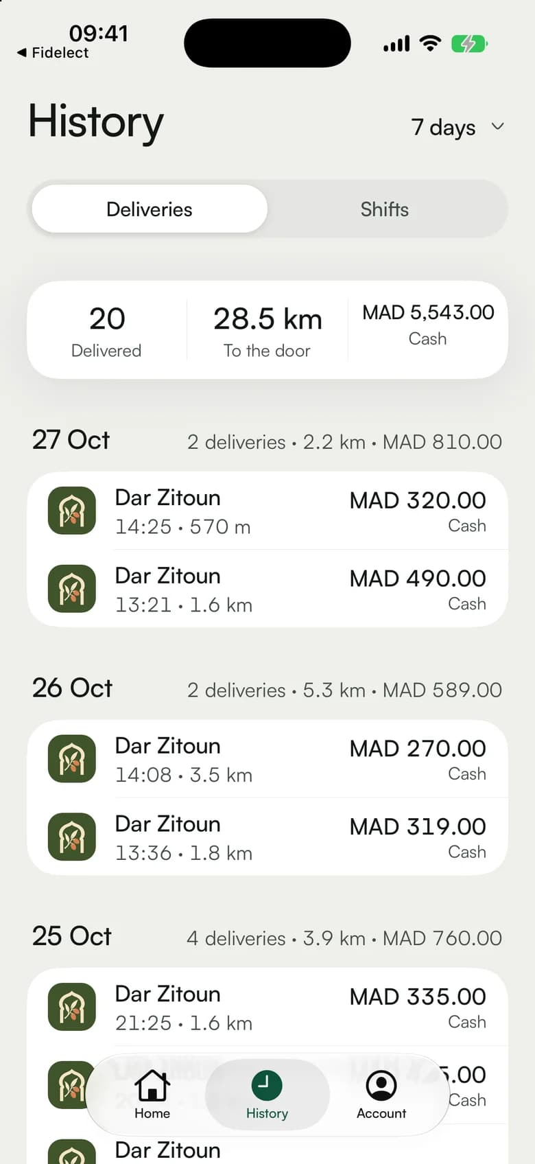 A week of deliveries with the distance and the cash collected
