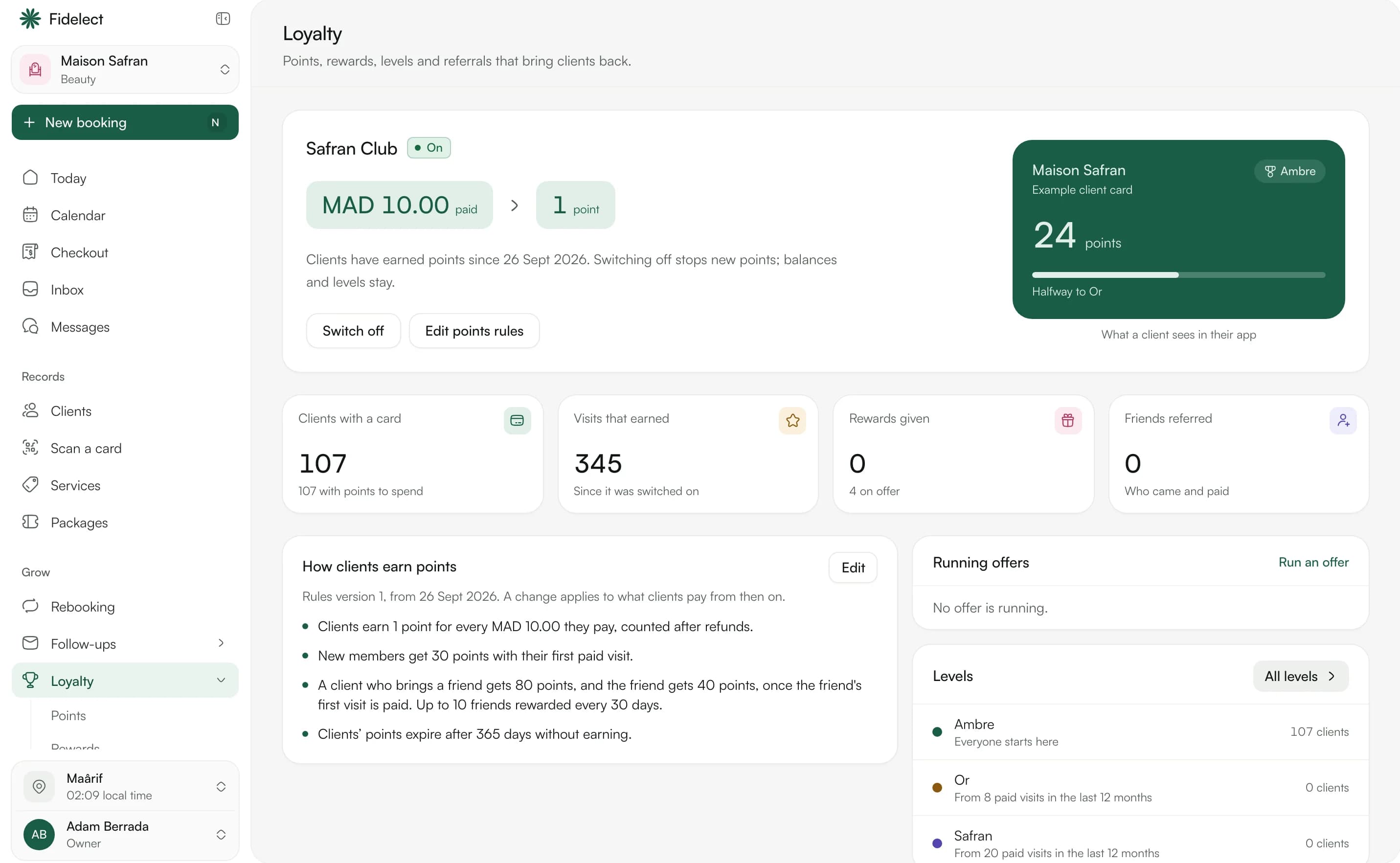 The loyalty page of a salon: points rules, levels and the card clients see