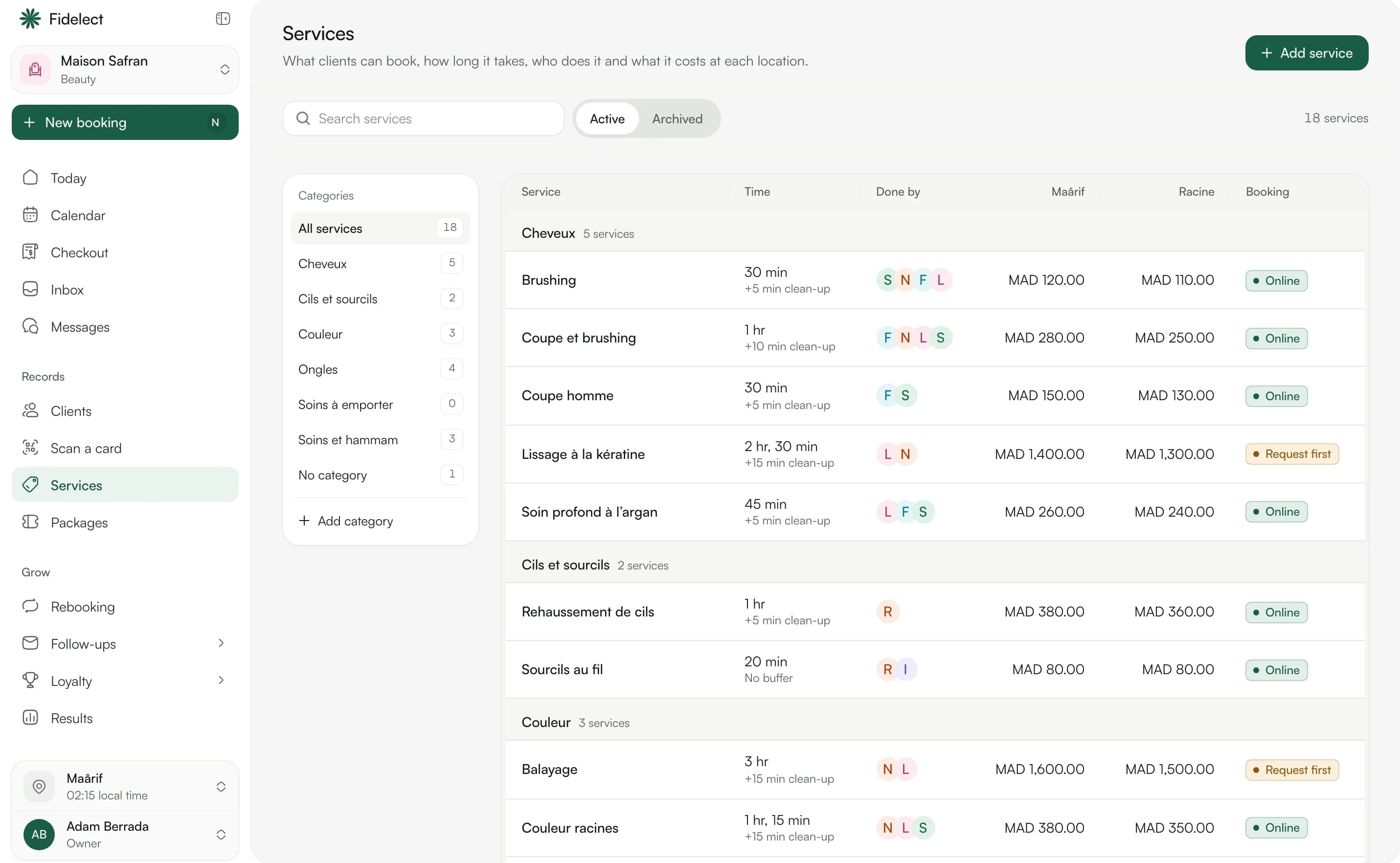 The service list by category