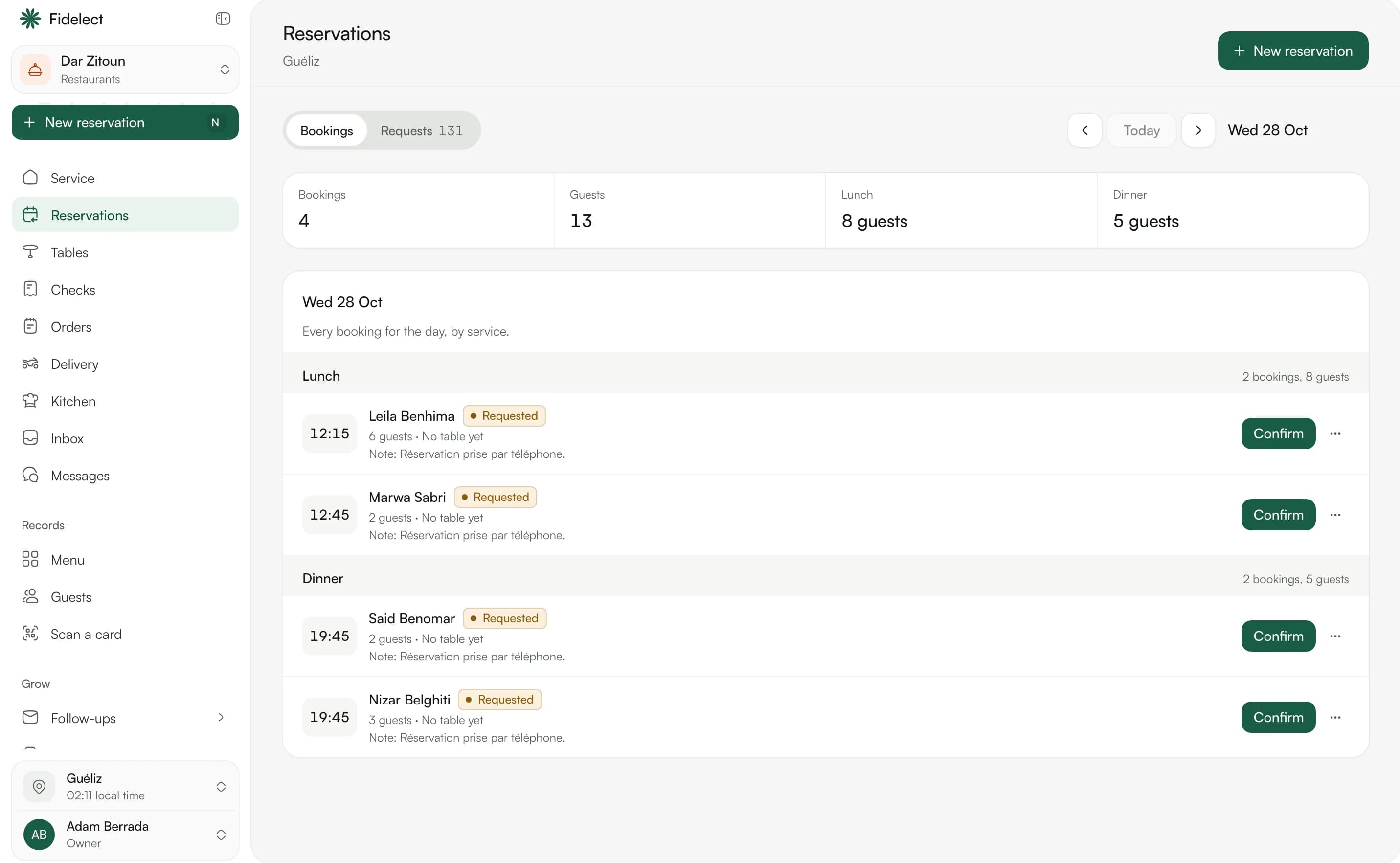 The reservations list