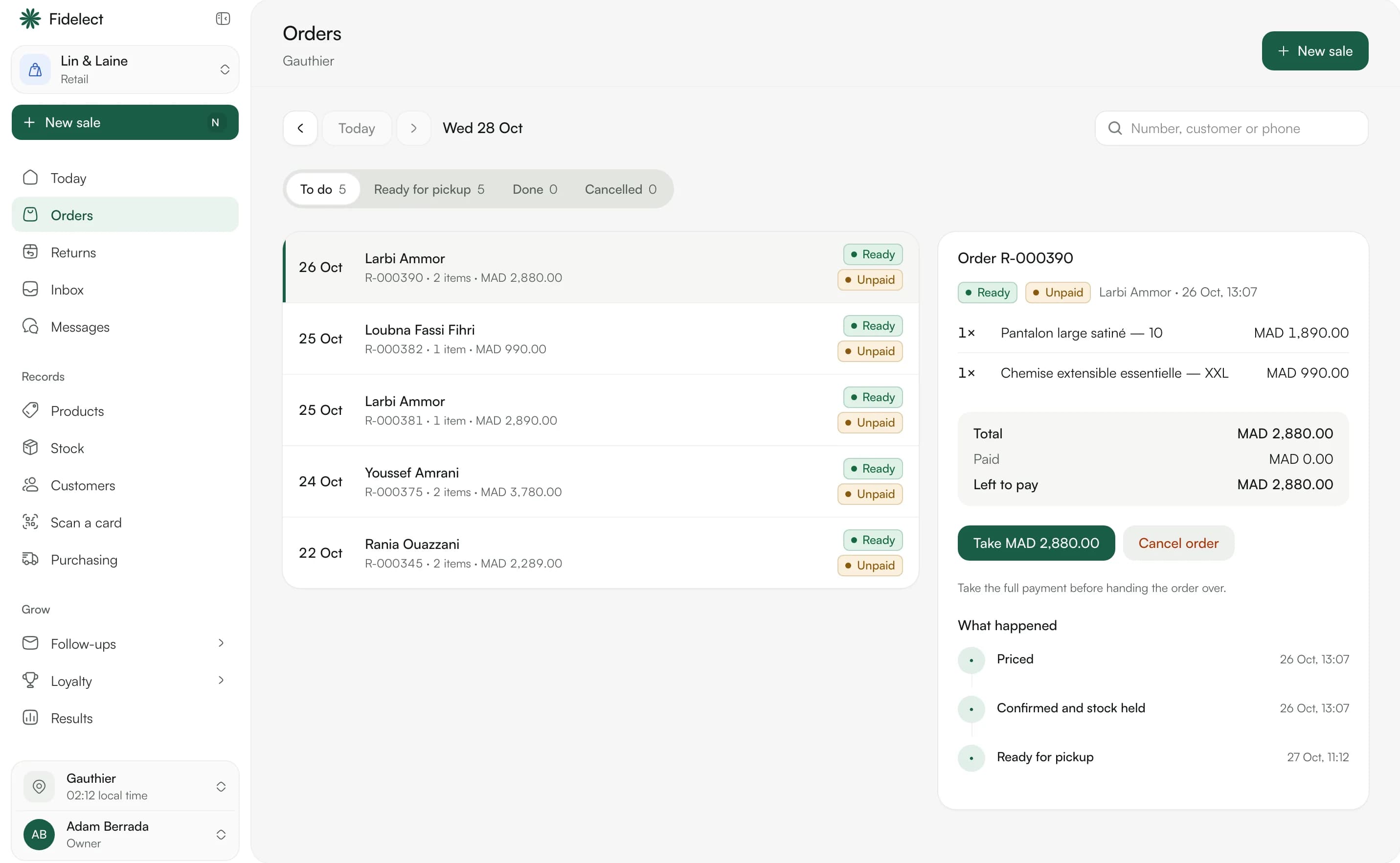 The orders list