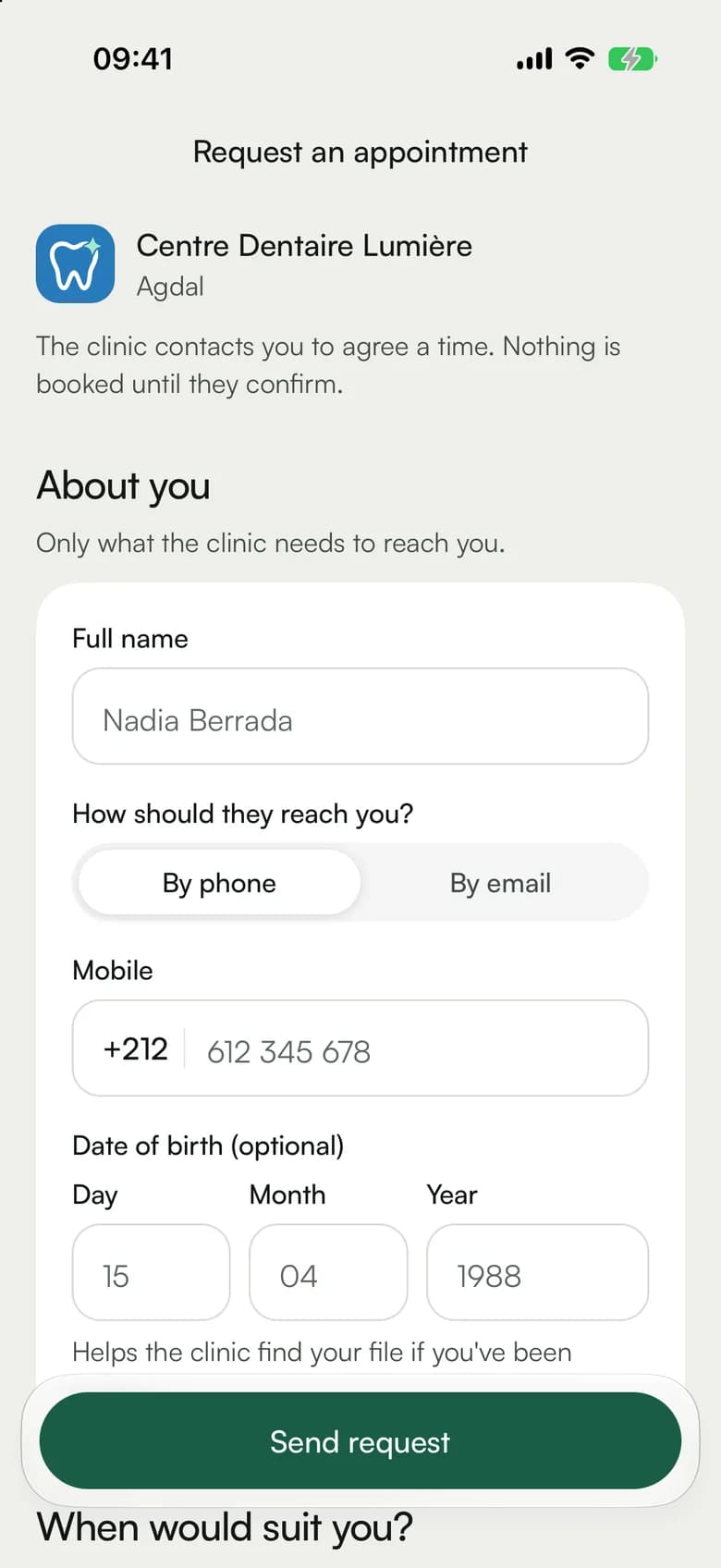 An appointment request at Centre Dentaire Lumière