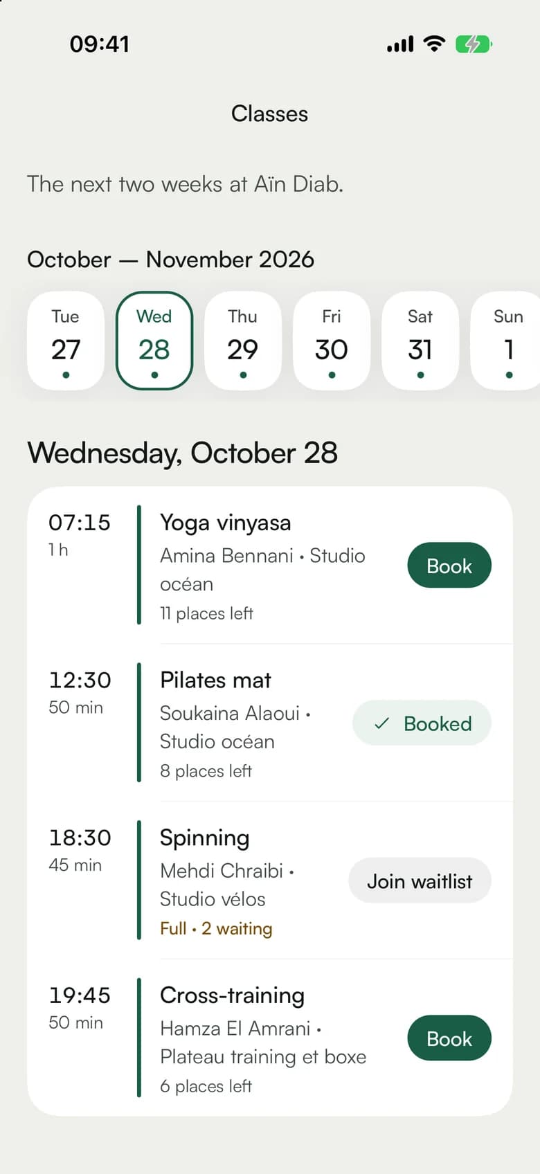 The class timetable in the app