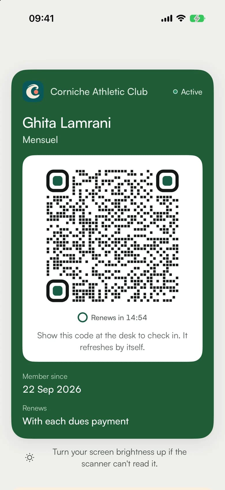 A membership pass with a check-in code