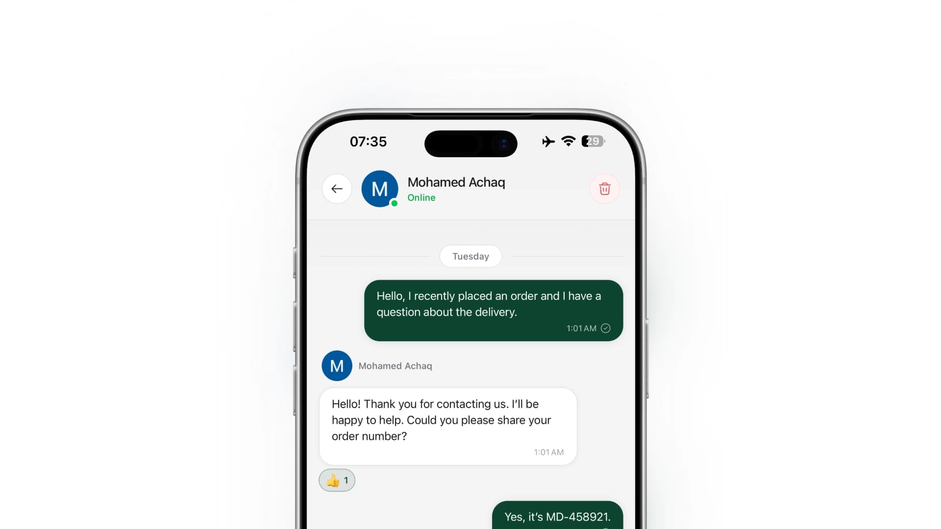 La schermata della chat nell'app Fidelect